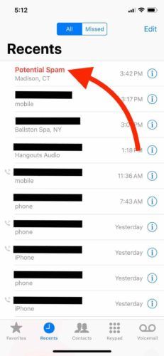 potenciais chamadas de spam en recentes iphone