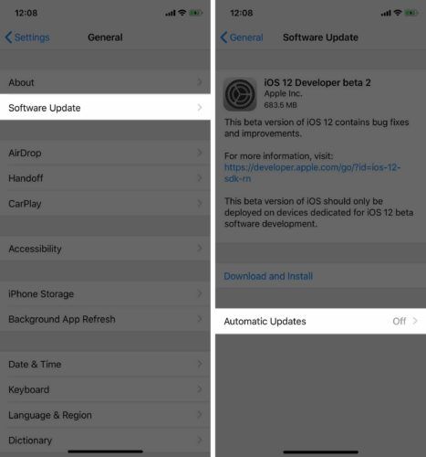 actualitzacions automàtiques de la configuració de iOS 12
