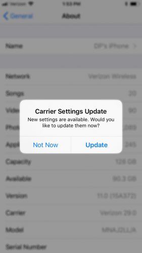 Carrier Settings Update Op iPhone